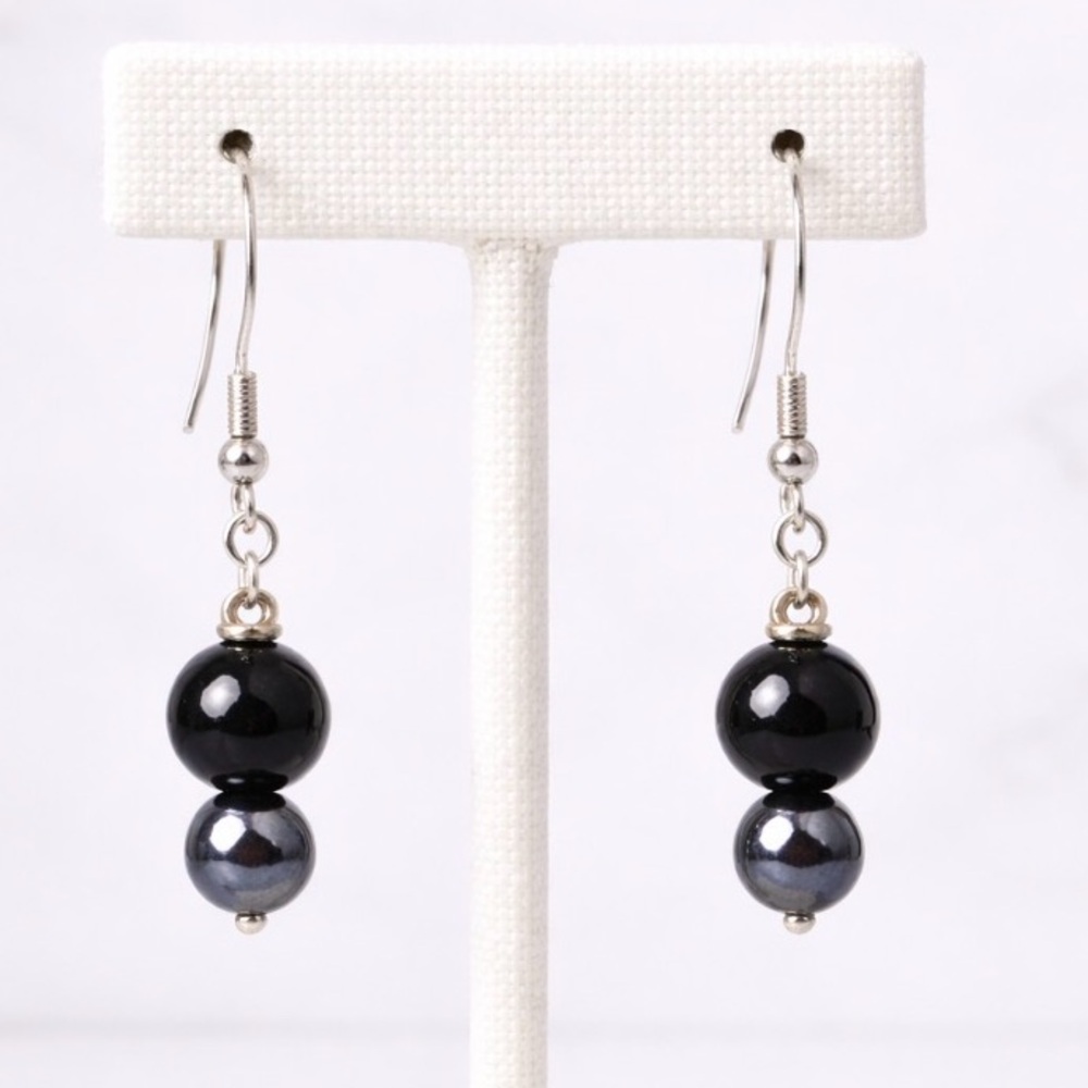 𝅺Genuine Silver Earrings Handmade Onyx & Hematite Beads BUY NOW PRICE